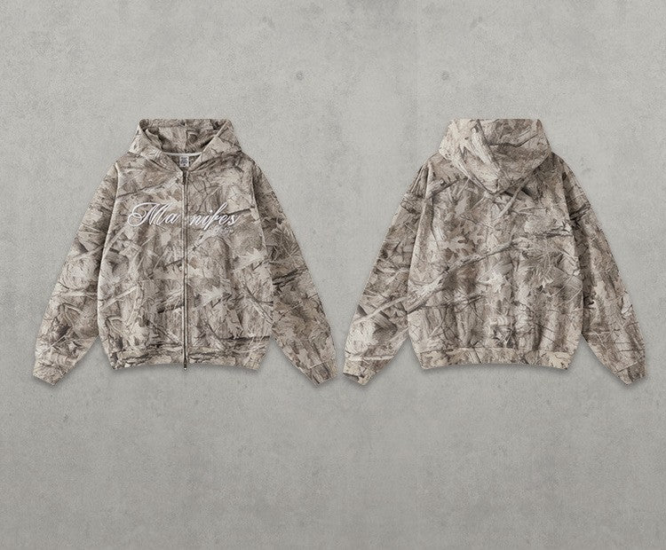 Street Style Chic Winter European and American Style Camouflage Embroidered Fleece-Lined Hoodie Jacket for Men 177