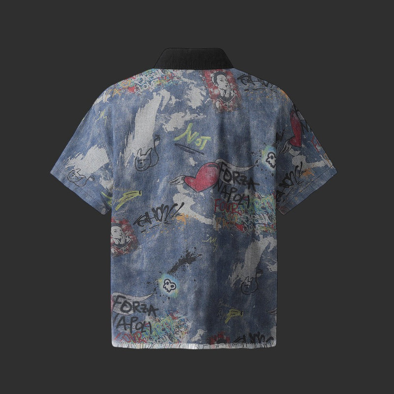 Blue Denim Graffiti Art Short Sleeve Shirt with Black Collar | FlipFit