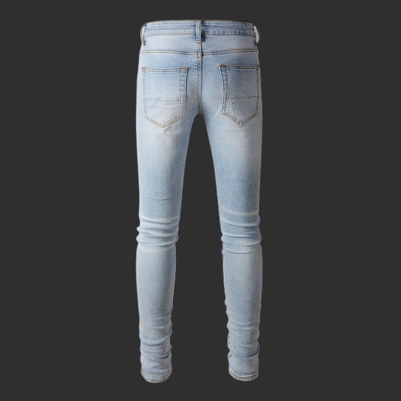 LIGHT BLUE RHINESTONE MESH PATCH RIPPED SKINNY JEANS DISTRESSED STREETWEAR DENIM | FLIPFIT