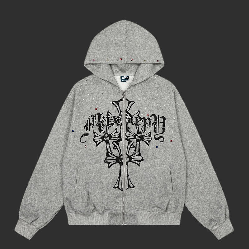Darkness Gothic Cross Rhinestone Zip-Up Hoodie | FlipFit