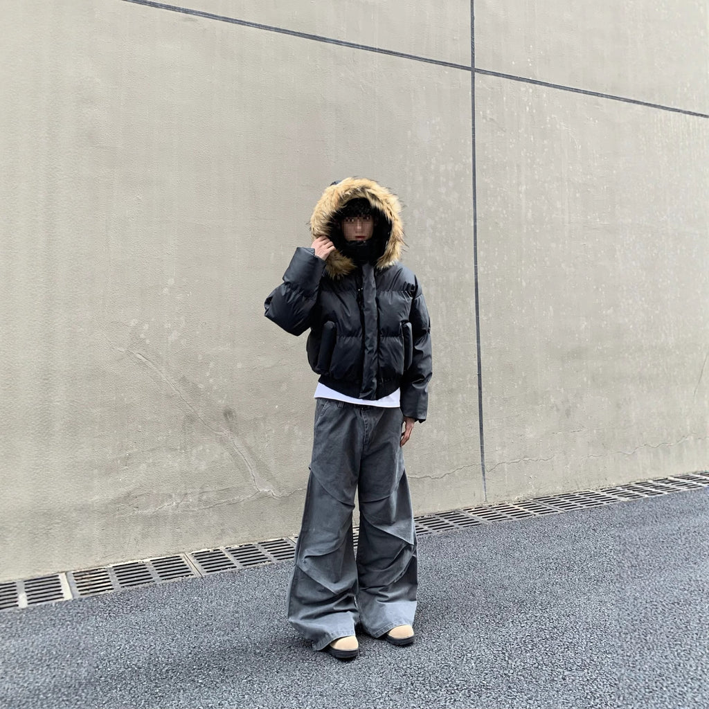 Basic cotton-padded coat with detachable hood / Winter loose-fitting street style jacket for men and women with hooded down jacket 159