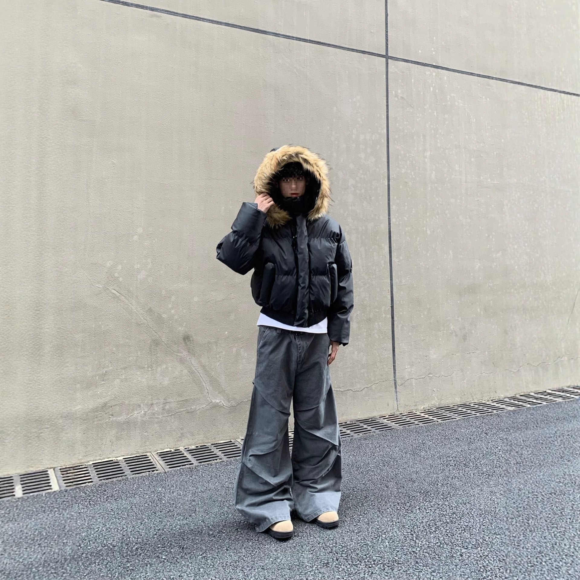 Basic cotton-padded coat with detachable hood / Winter loose-fitting street style jacket for men and women with hooded down jacket 159