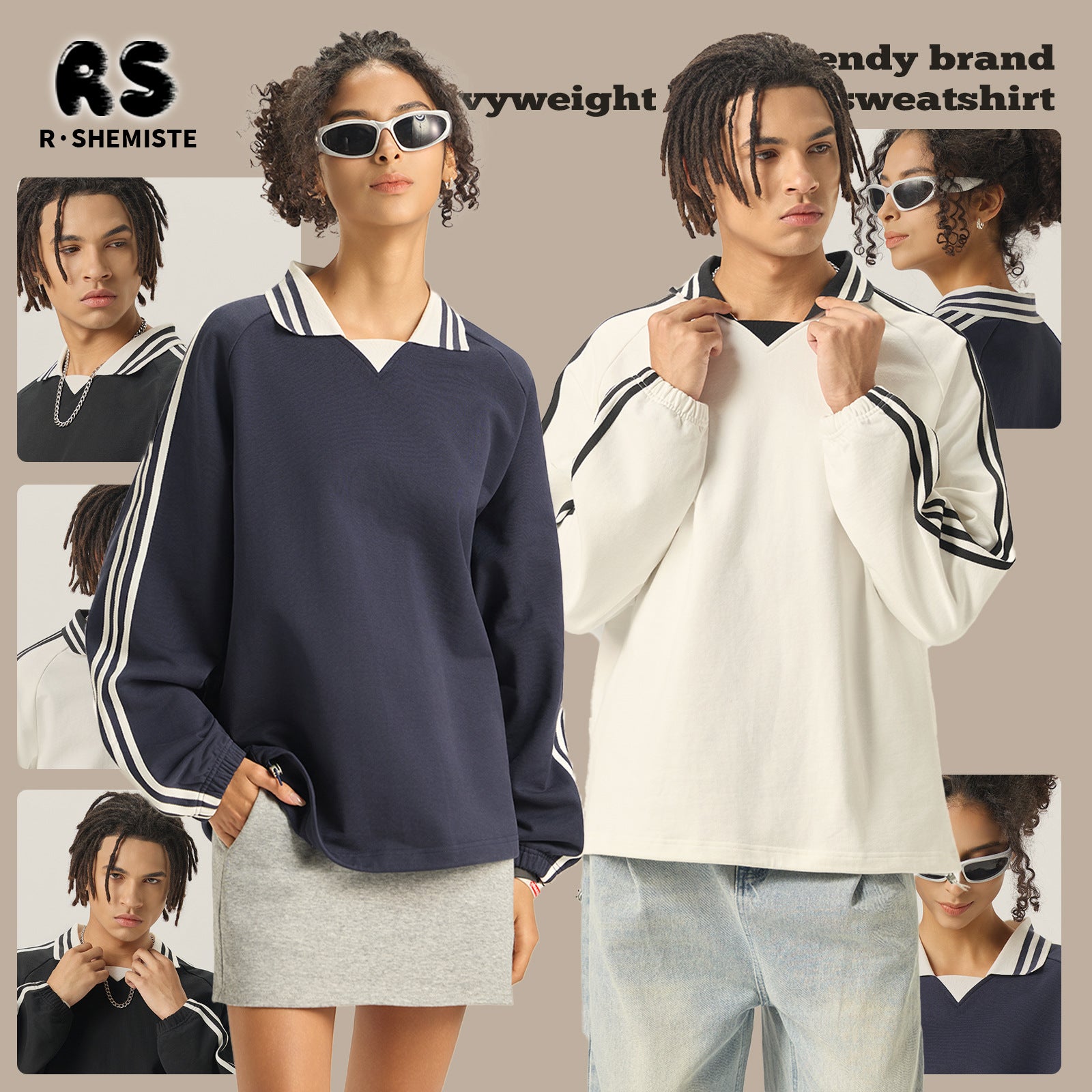 RS Men's Clothing | Cross-border American Striped Pure Cotton Sweatshirt Men's 380G College Style Color Block Turn-down Collar Commuting Men's Sweatshirt 120