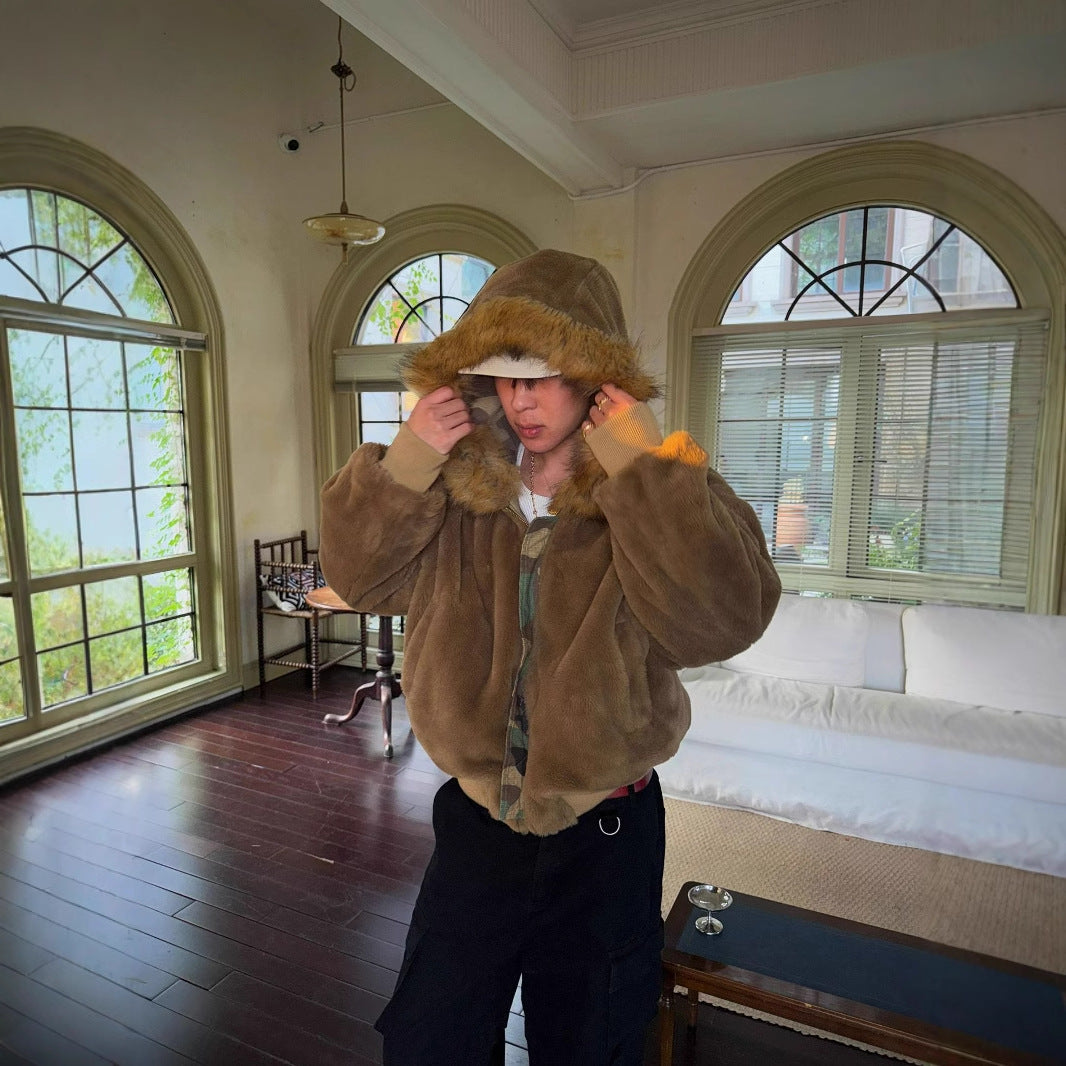 2024 New Reversible Camouflage Jacket with Faux Fur Collar, Fleece-Lined and Thickened Cotton Coat for Men, Trendy Cotton-Padded Jacket 161