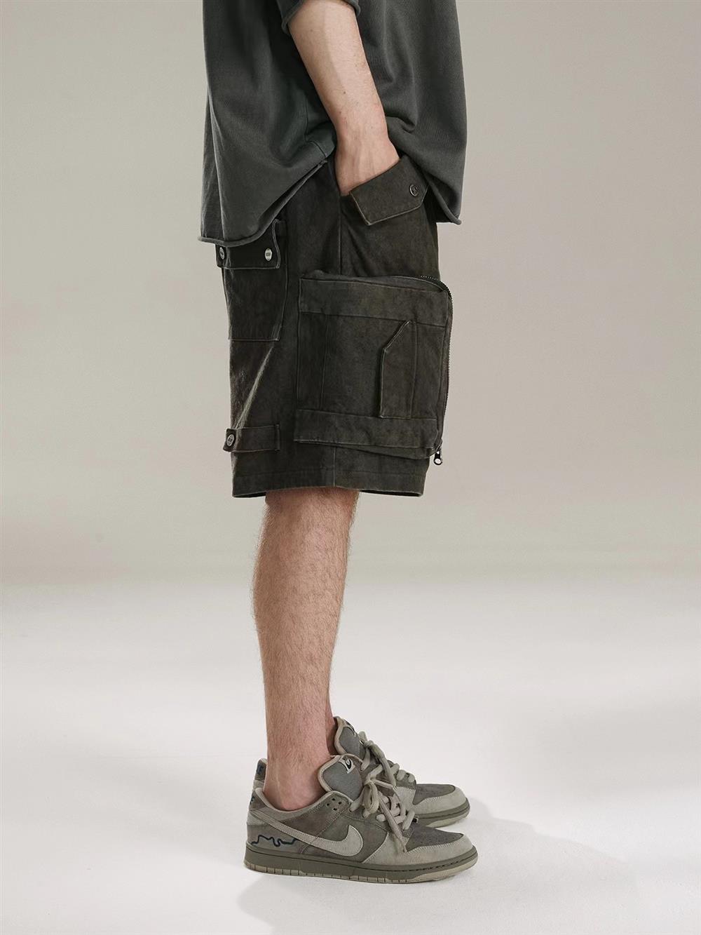 High-street style loose straight-leg heavy-duty tie-dye canvas washed denim shorts