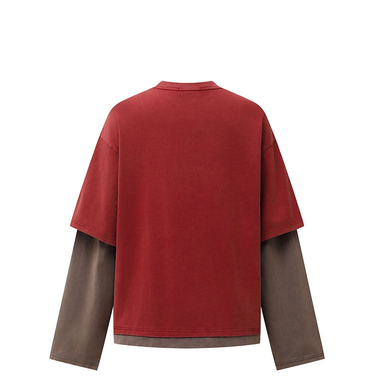 K787 American Retro Old Letter Printed Long-sleeved T-shirt Men's Fake Two-piece Sports Hip-hop Loose Casual Top 154