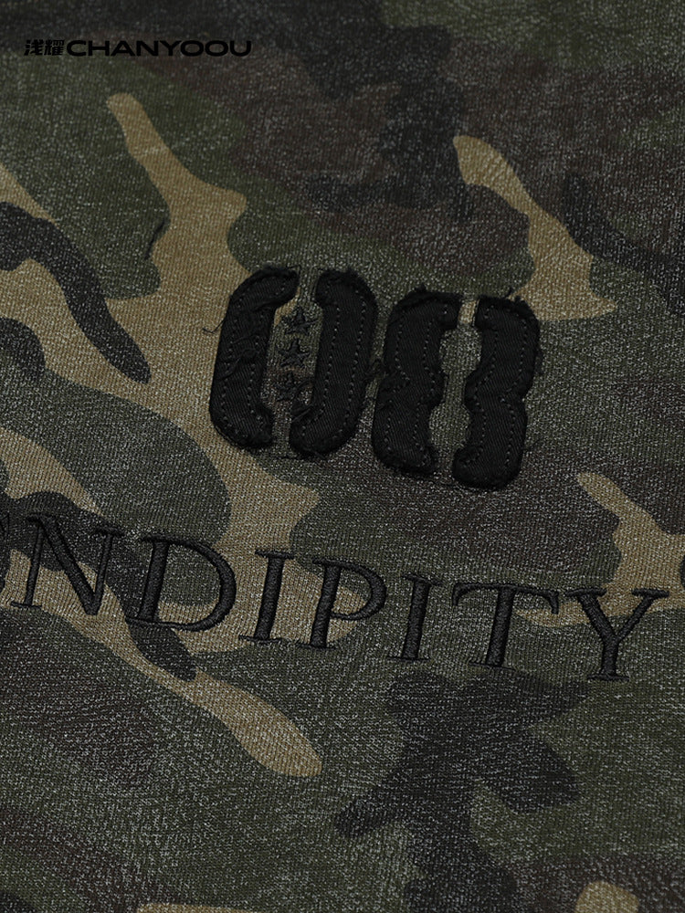 American Retro Camouflage Letter Embroidery Patchwork Faux Two-Piece Long-Sleeve T-Shirt Men's Trendy Sports Top 172