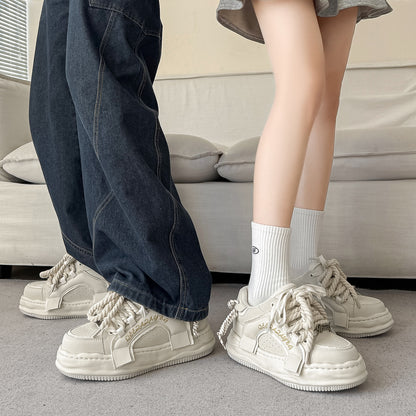 Thick-Soled Black Braided Sports Sneakers