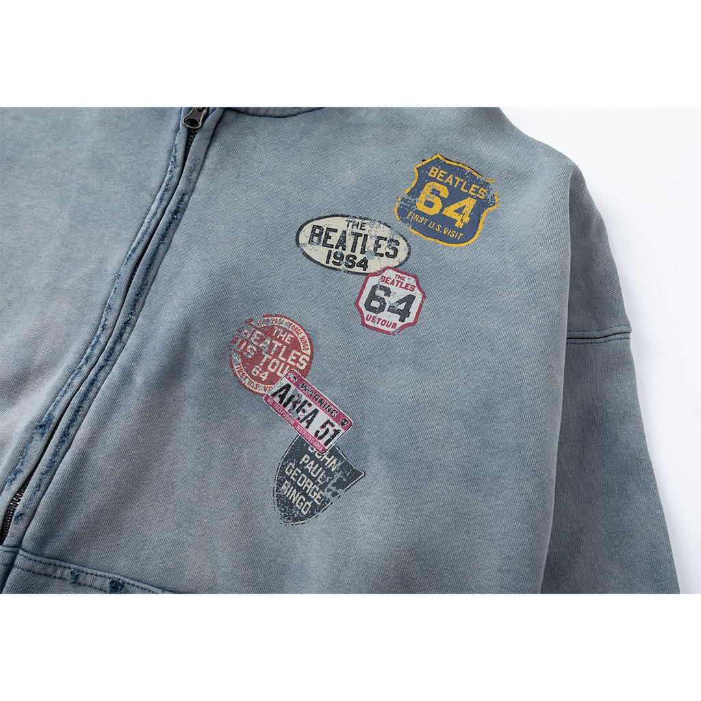 27362 American-style trendy washed distressed print short wide men's hooded cardigan sweatshirt jacket 148