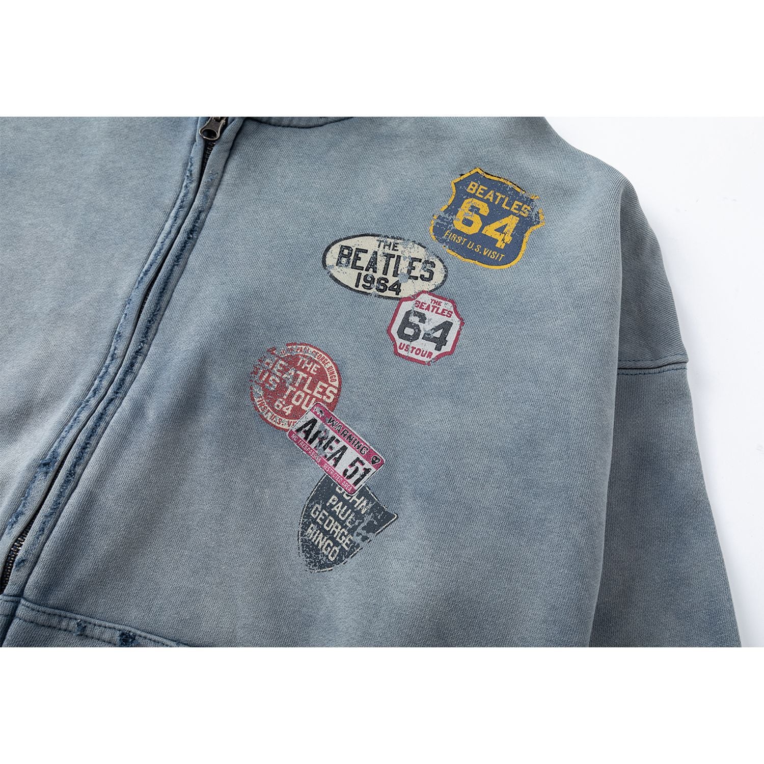 27362 American-style trendy washed distressed print short wide men's hooded cardigan sweatshirt jacket 148