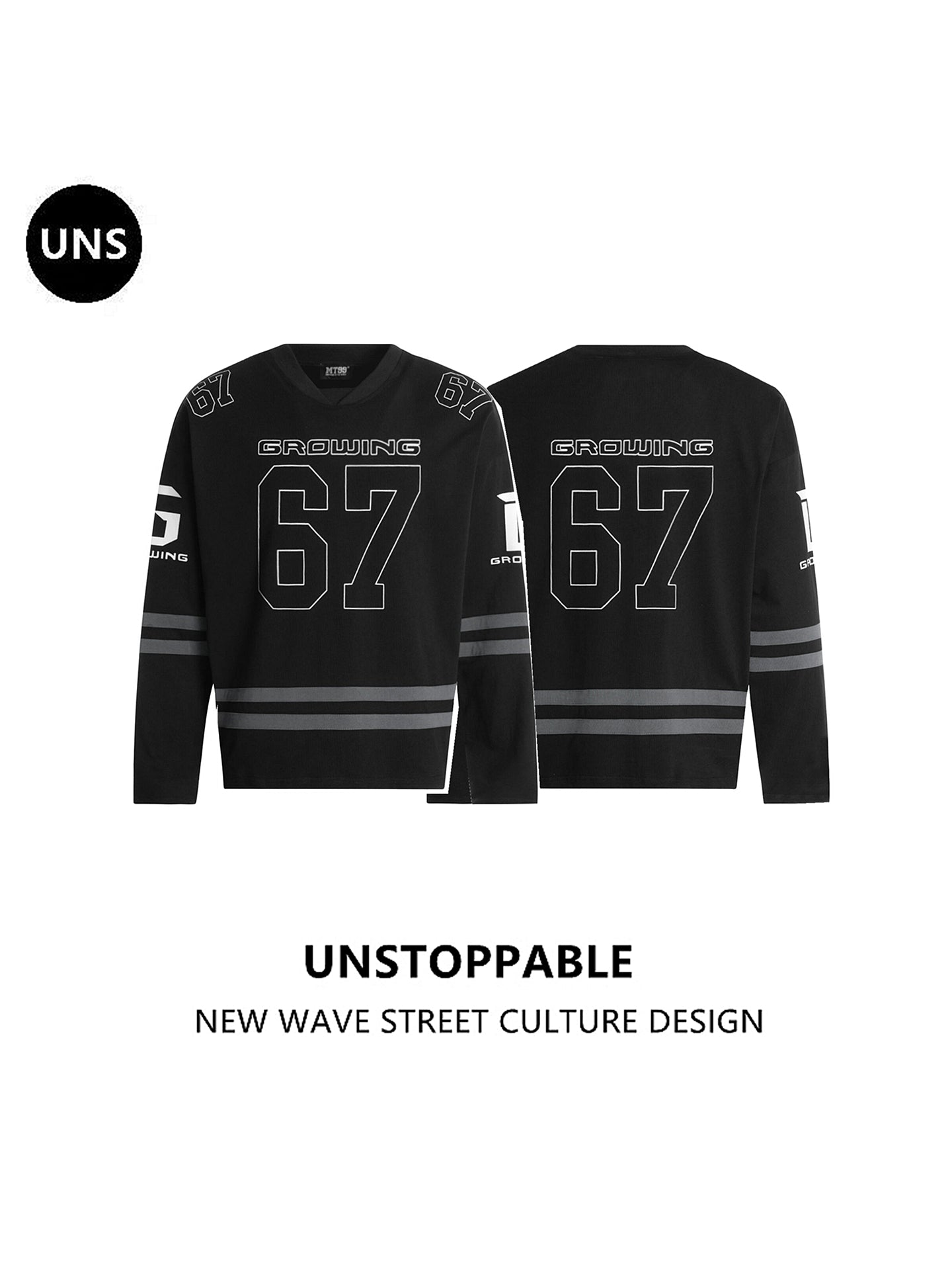 UNS American Street Retro Letter Stripe V-Neck Long Sleeve T-Shirt, Unisex, Trendy Brand, Casual Loose Fit Sports J 138