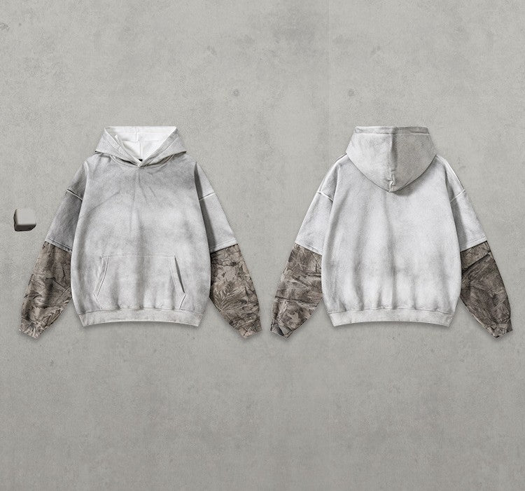 Street Style Chic 2025 American Retro Distressed Color Block Faux Two-Piece Camouflage Hooded Sweatshirt for Men 176