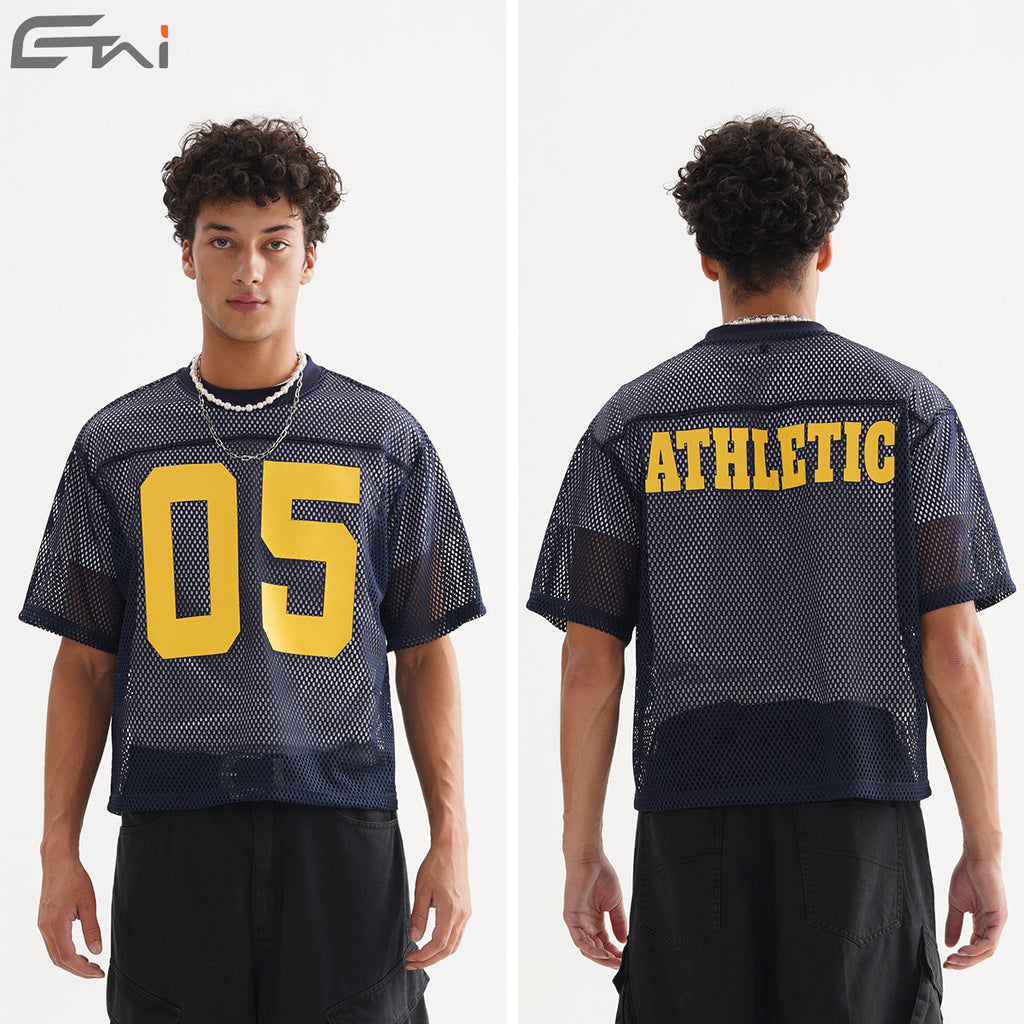 In stock, short-sleeved, wide-fit mesh sportswear, polygonal mesh, loose fit, casual sports printed men's T-shirt. 129