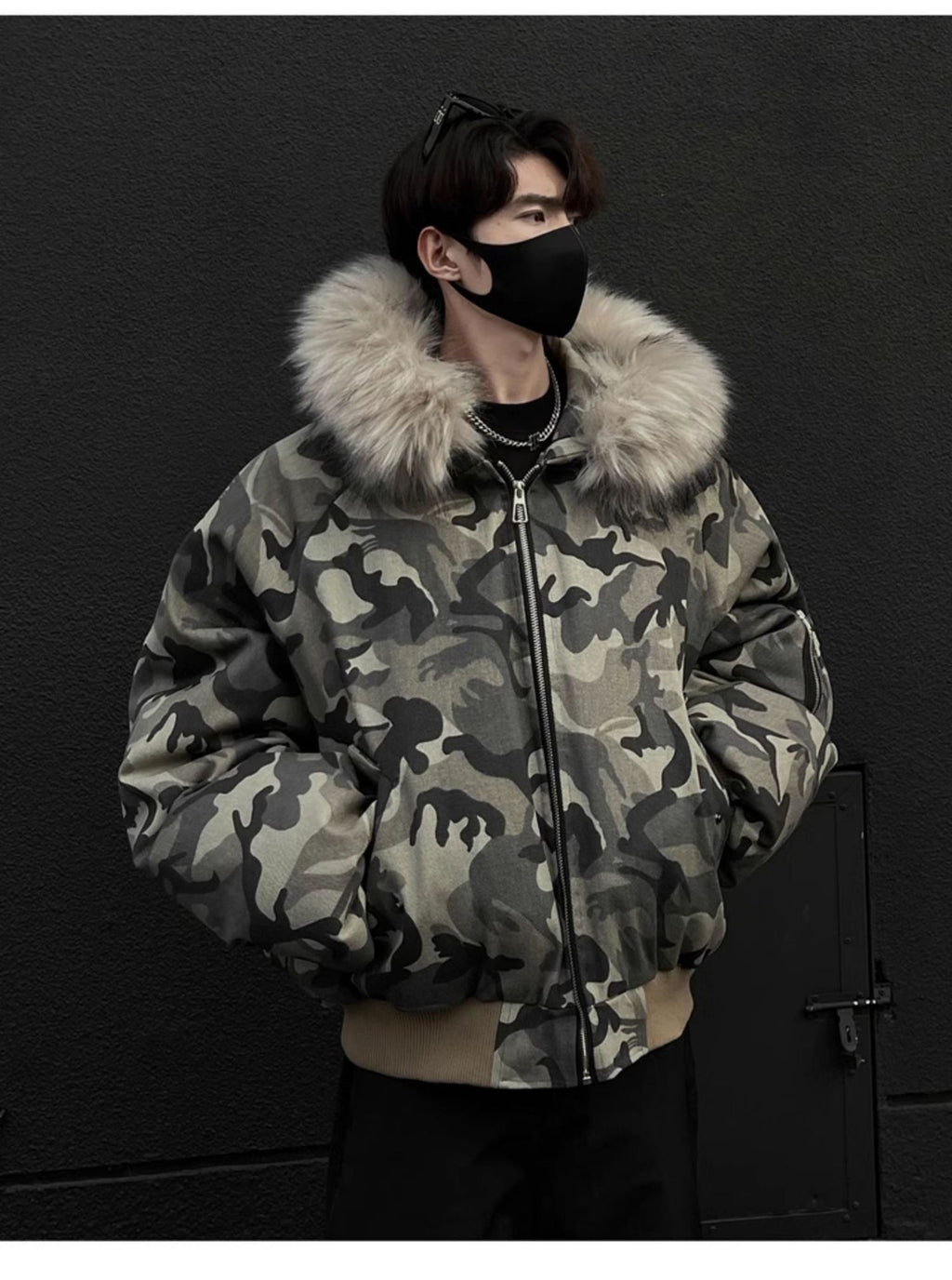 Men's winter thickened high-street bomber American-style flight quilted jacket with large fur collar. 133