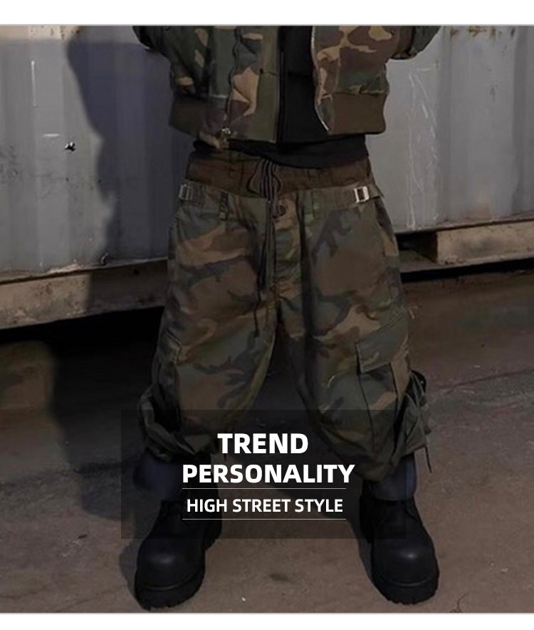 MIJKO Men's and Women's Triple-Waist Camouflage Cargo Pants with Buckle Waist Design, Casual Straight Leg Pants, Trendy 152