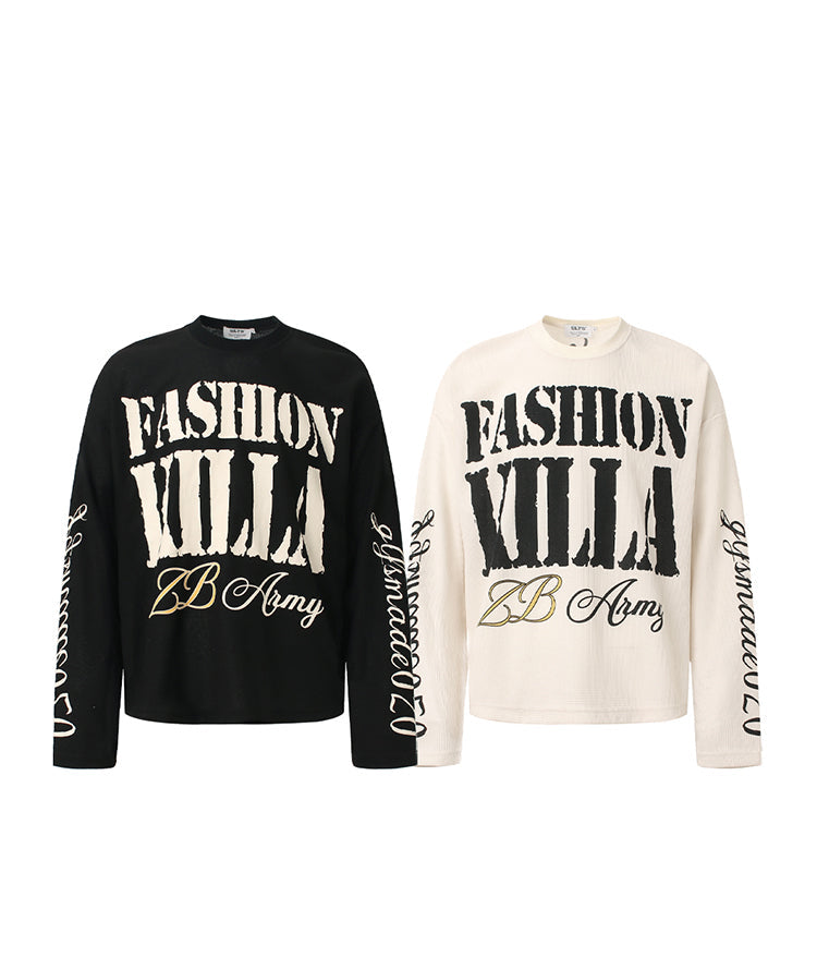 Feel lonely American retro letter waffle long-sleeved T-shirt for men, autumn, loose-fitting and high-quality top for couples. 147