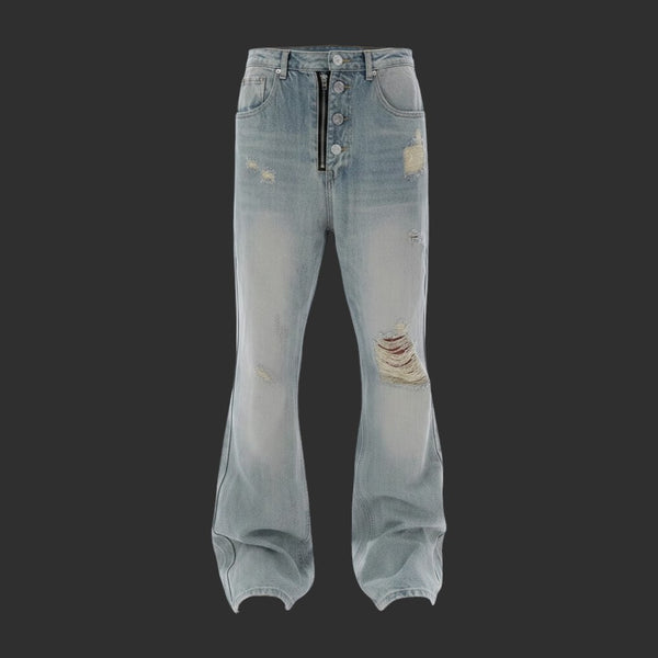 LIGHT BLUE WASHED RIPPED WIDE LEG JEANS DESTROYED BAGGY STREETWEAR DENIM | FLIPFIT