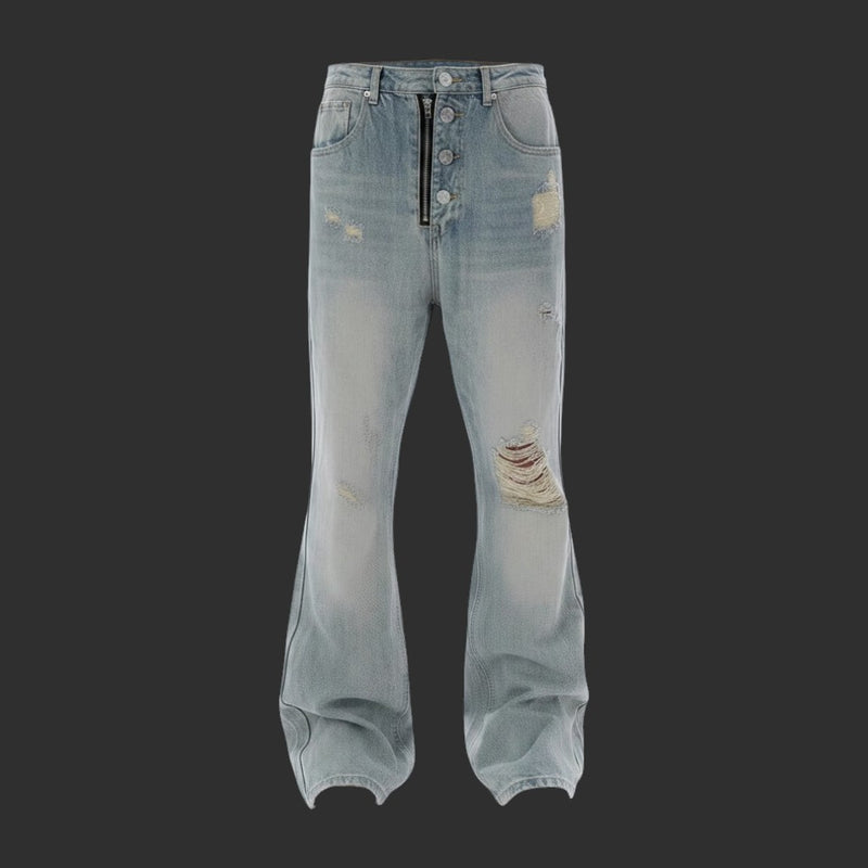 LIGHT BLUE WASHED RIPPED WIDE LEG JEANS DESTROYED BAGGY STREETWEAR DENIM | FLIPFIT