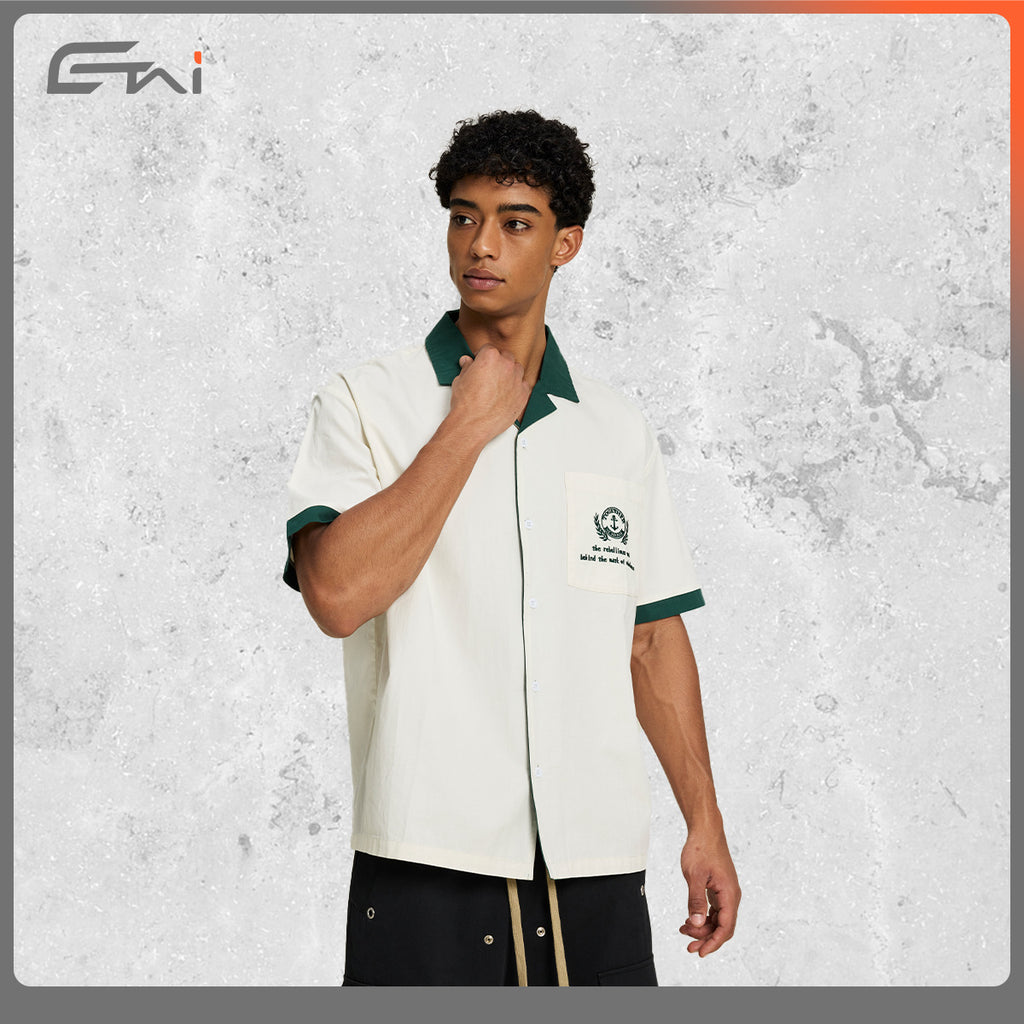 Men's Wear | High-Quality Pure Cotton Collared Color-Blocked Casual Shirt, Trendy Loose-Fit Woven Short-Sleeve Shirt 127