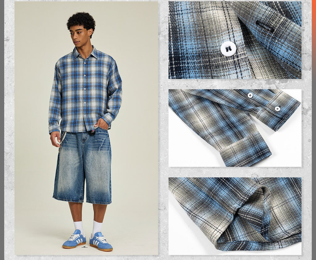 Men's Clothing | Loose-fitting, Drop-shoulder plaid shirt, long-sleeved, trendy, high-quality men's autumn outerwear. 164