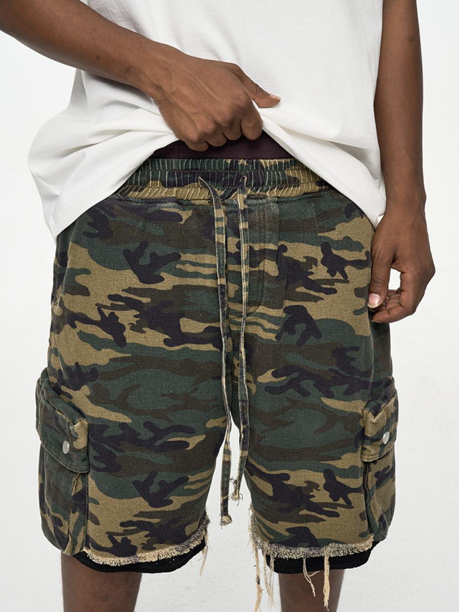 High Street washed rough edge distressed double layer retro tooling pocket fashion camouflage shorts summer pants men's