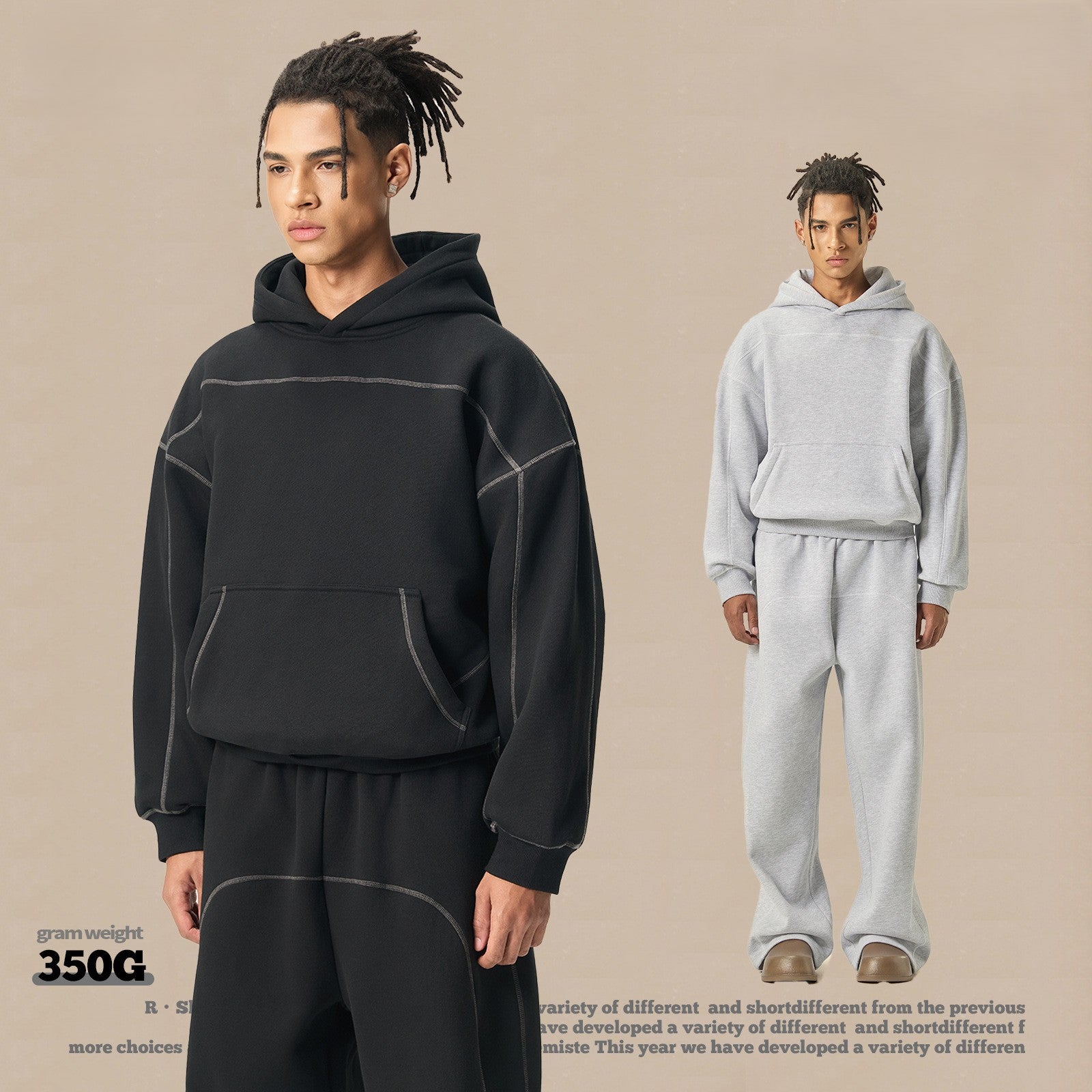 RS Men's Clothing | Cross-border 350G Hasselblad Line Boxy Hoodie Sweatshirt and Sweatpants Set, American Hip Hop Fleece Set 124
