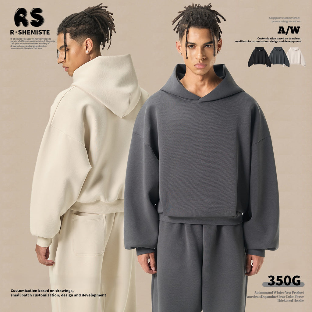 RS Men's Clothing | Boxy Square Fit Short & Wide 350G Hooded Sweatshirt, Cross-border Trendy American Style Hooded Sweatshirt for Men 140