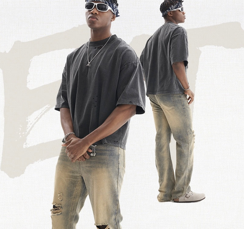 Retro-style solid cropped color men's T-shirt, high-quality heavyweight short-sleeved men's T-shirt, American street style, 100% cotton loose fit 110