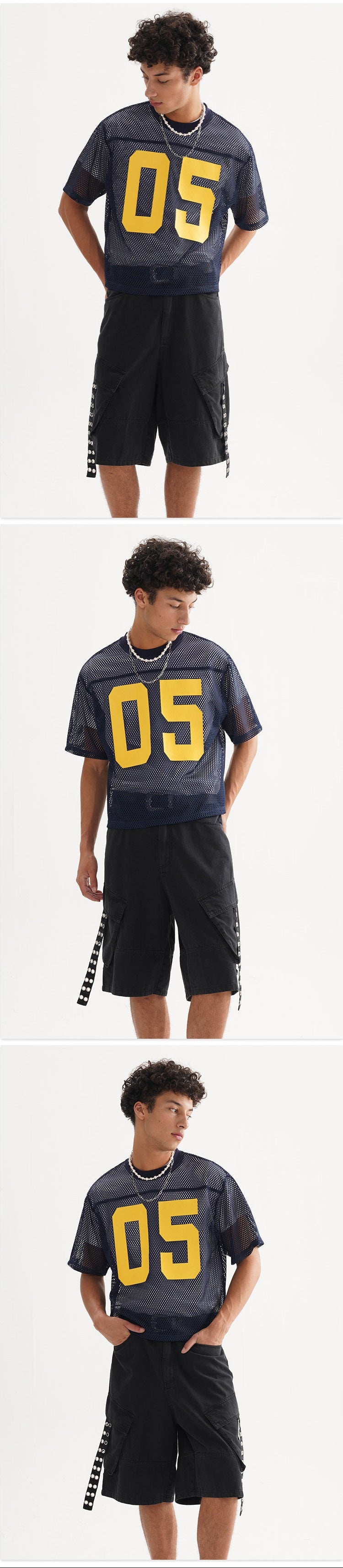 In stock, short-sleeved, wide-fit mesh sportswear, polygonal mesh, loose fit, casual sports printed men's T-shirt. 129