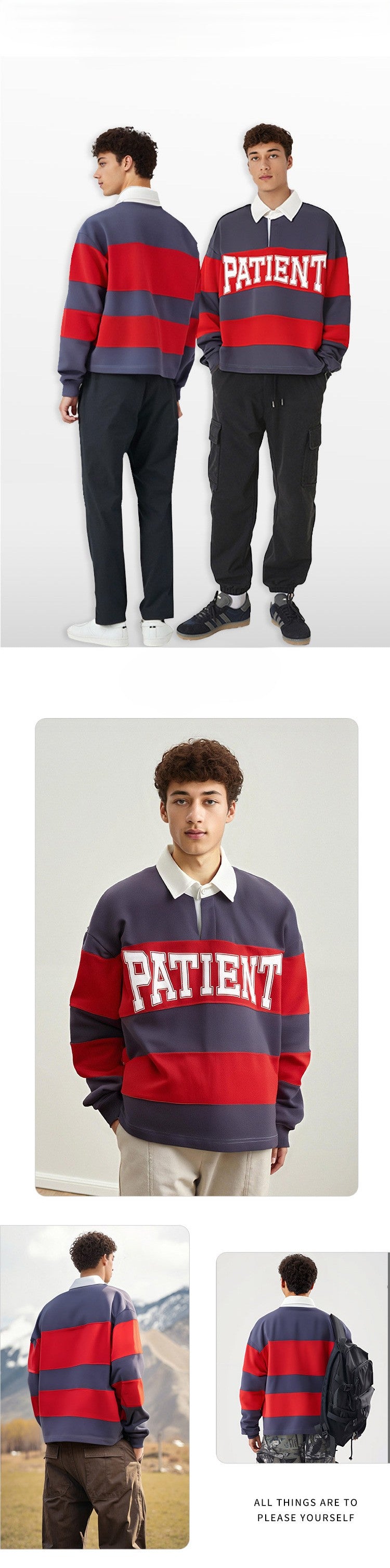 American Retro Color Block Polo Neck Sweatshirt for Men,High-Quality Trendy Brand Boxy Patchwork Men's Sweatshirt 174