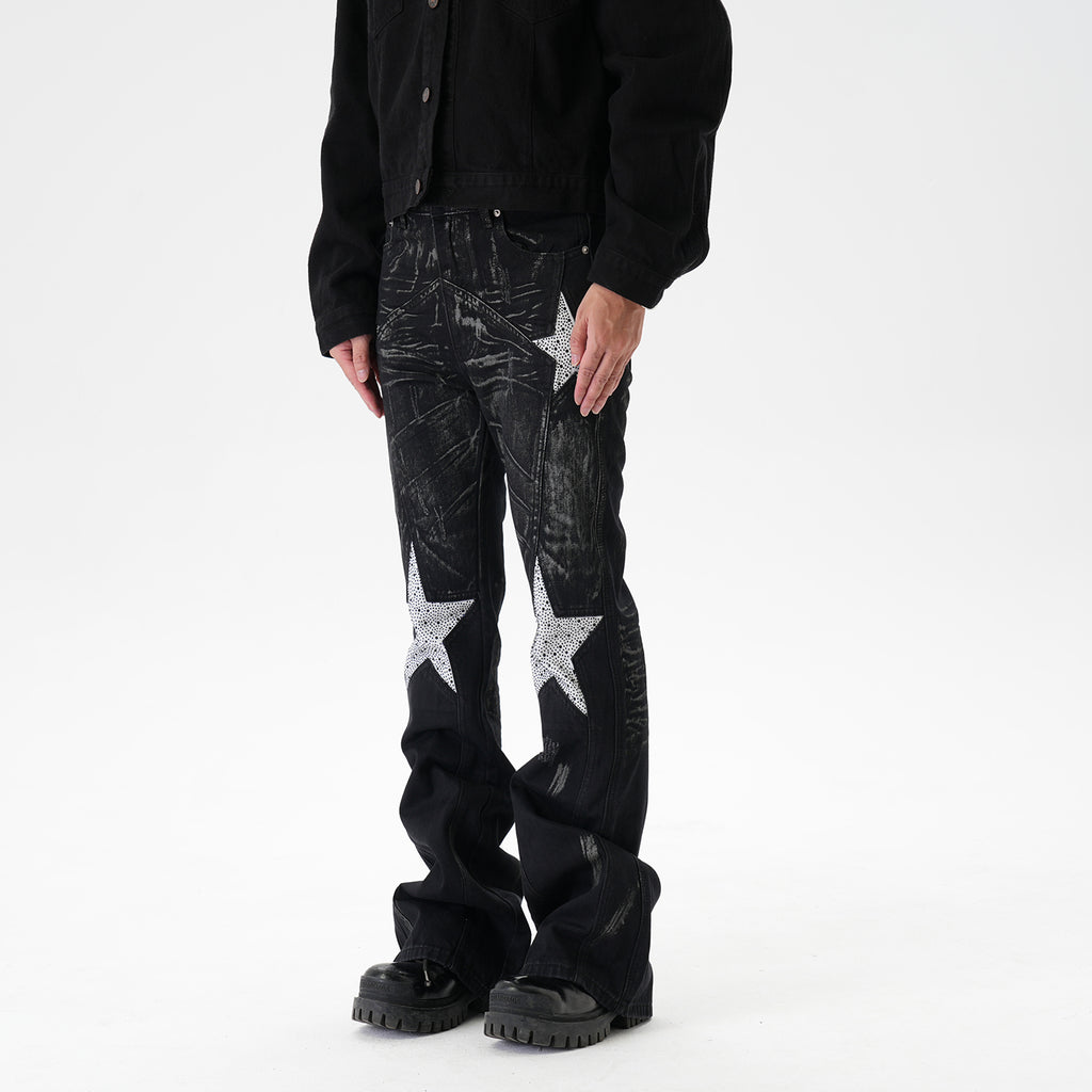 CWHAT American-style high street stitching three-dimensional tailoring deconstruction five-pointed star hot drilling brush dirty slim Micro-jeans men