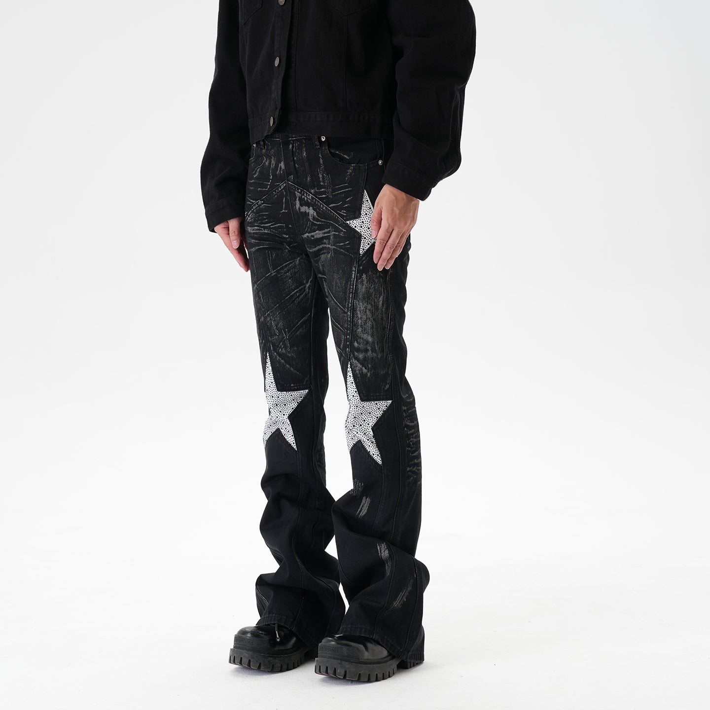 CWHAT American-style high street stitching three-dimensional tailoring deconstruction five-pointed star hot drilling brush dirty slim Micro-jeans men