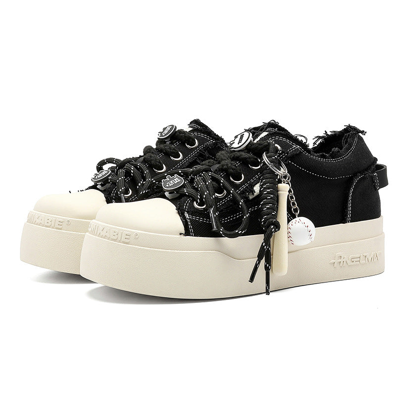 Thick-Soled Round-Toe Mickey Black and White Chunky Sneakers