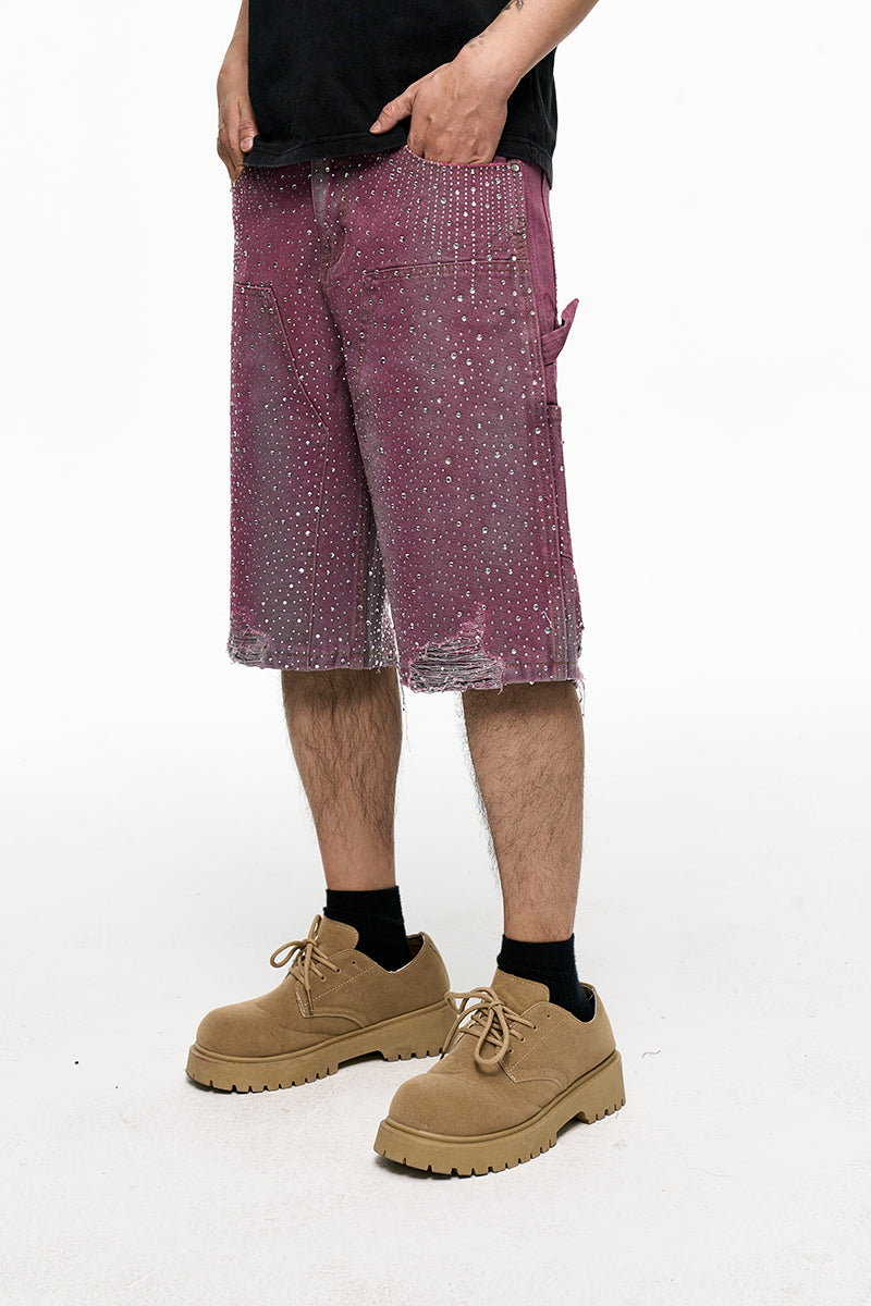 CWHAT American Retro VIBE Style Rhinestone Frayed Edge Men's Hip Hop Cropped Denim Shorts with Rhinestone Foil Hem 153