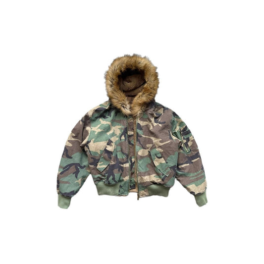 Relaxed Reversible Camouflage Faux Fur Collar Hooded Jacket