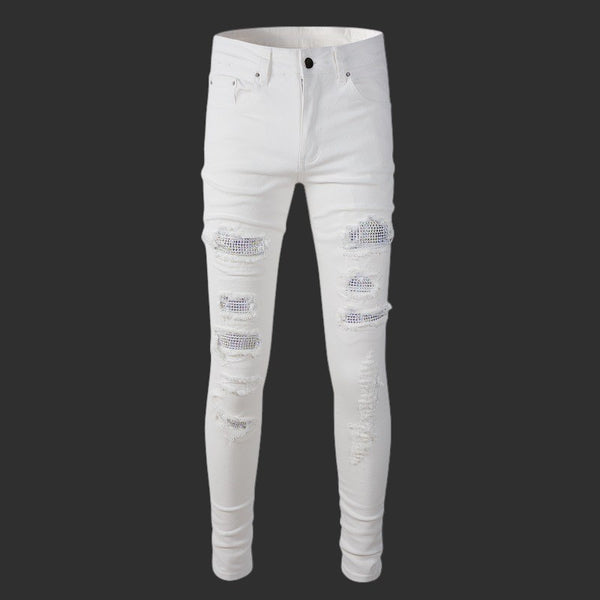 WHITE RHINESTONE DISTRESSED SKINNY JEANS | FLIPFIT