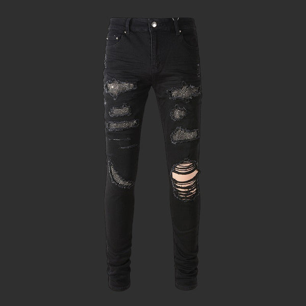 BLACK RHINESTONE MESH PATCH RIPPED SKINNY JEANS DESTROYED STREETWEAR DENIM | FLIPFIT