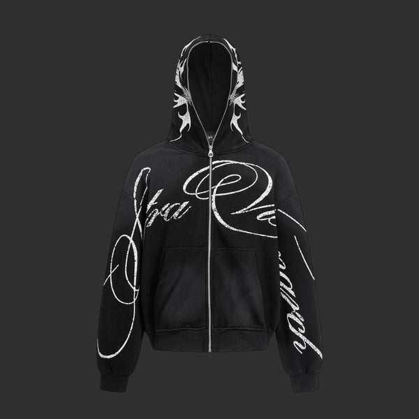 Distressed Calligraphy Tribal Flame Zip-Up Hoodie | FlipFit