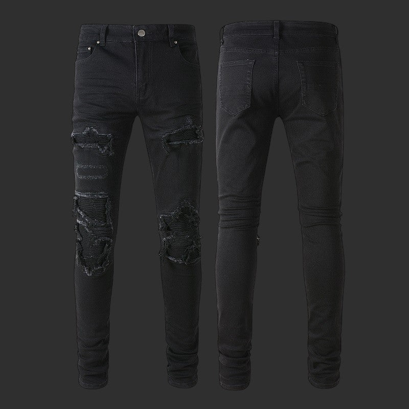 BLACK DESTROYED BIKER PATCH SKINNY JEANS RIPPED STREETWEAR DENIM | FLIPFIT