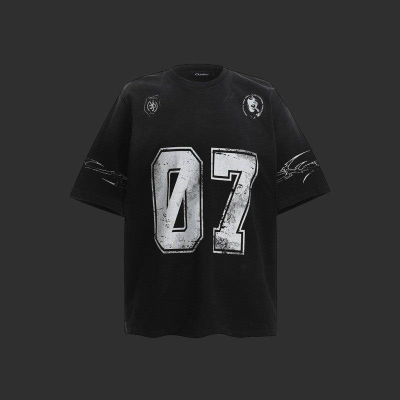 Distressed Football Jersey T-Shirt Men Vintage Number Print Oversized Streetwear Tee | FlipFit