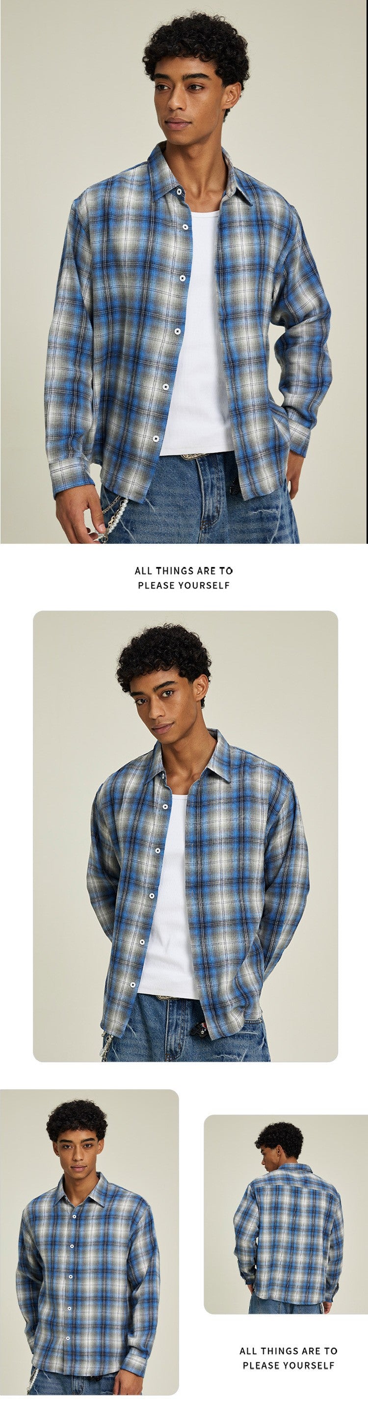 Men's Clothing | Loose-fitting, Drop-shoulder plaid shirt, long-sleeved, trendy, high-quality men's autumn outerwear. 164