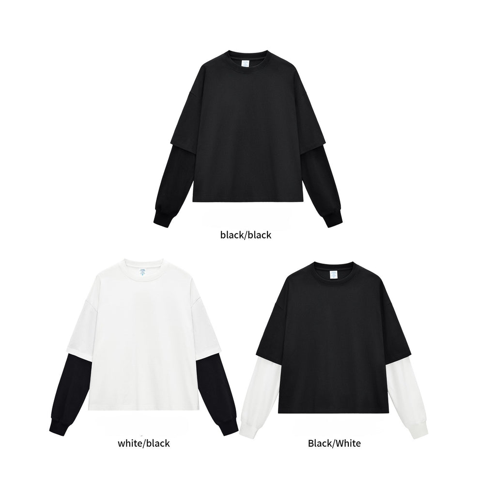 RS Men's Clothing | Cross-border Faux Two-Piece Color Block Long-Sleeve T-Shirt 280G Pure Cotton Short Wide Boxy American Style Patchwork Long-Sleeve T-Shirt 118