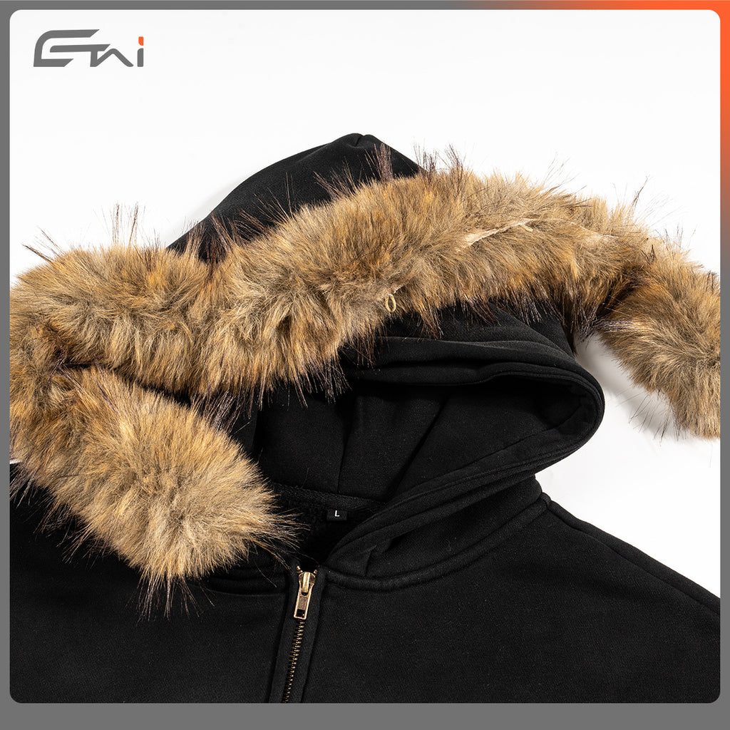 Men's Clothing | Loose Short Style Men's Trendy Brand High-Quality Heavyweight Boxy Hooded Sweatshirt with Horsehair Collar and Zipper. 163