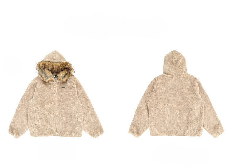 American-style Warm Lambswool Collar Hooded Cotton Jacket, Casual and Relaxed Style, High-end Outerwear 173