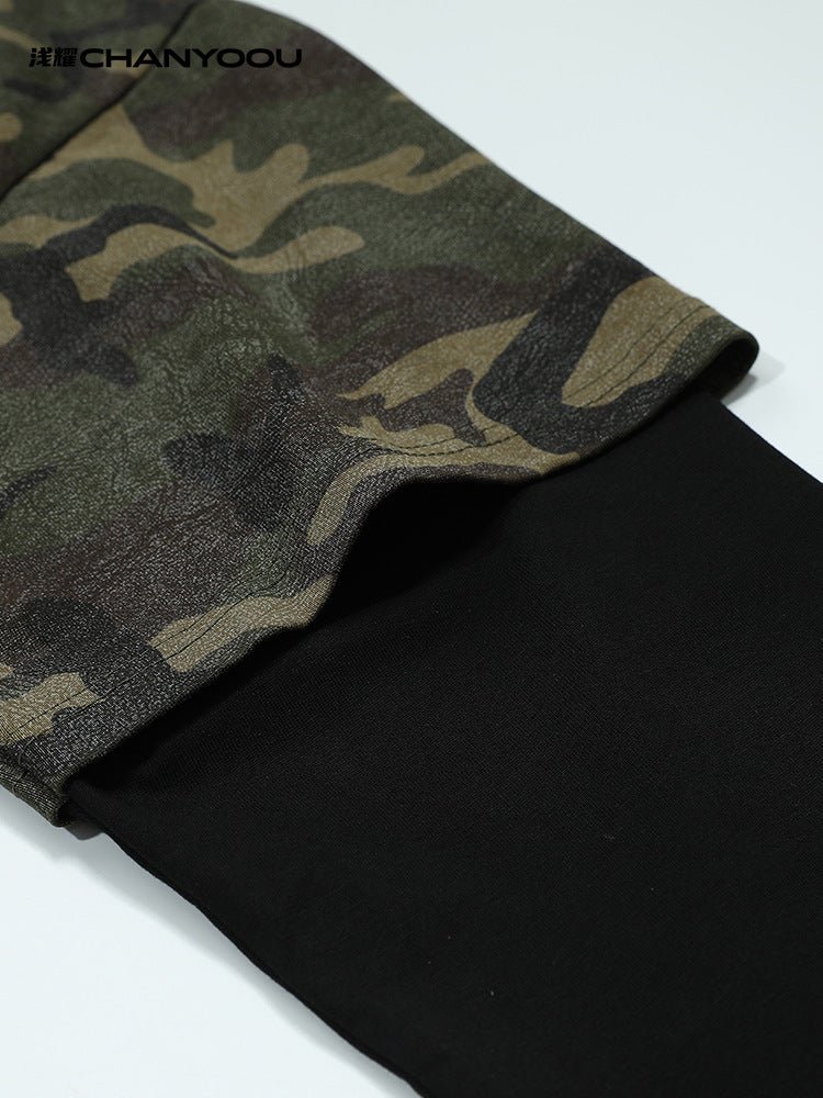 American Retro Camouflage Letter Embroidery Patchwork Faux Two-Piece Long-Sleeve T-Shirt Men's Trendy Sports Top 172