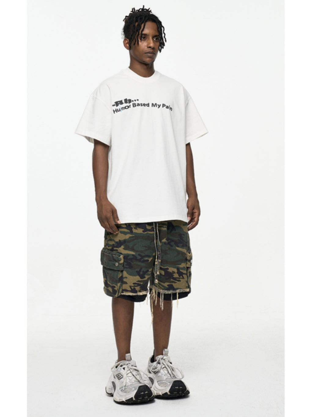 High Street washed rough edge distressed double layer retro tooling pocket fashion camouflage shorts summer pants men's