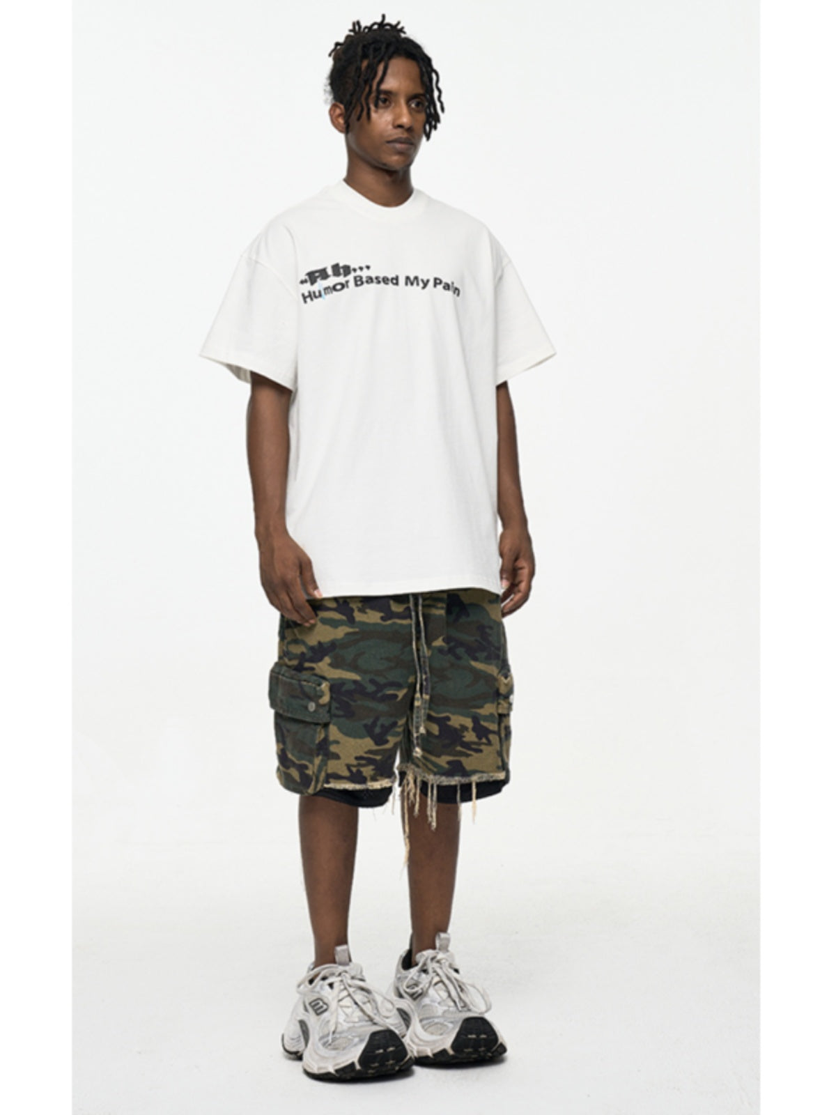 High Street washed rough edge distressed double layer retro tooling pocket fashion camouflage shorts summer pants men's