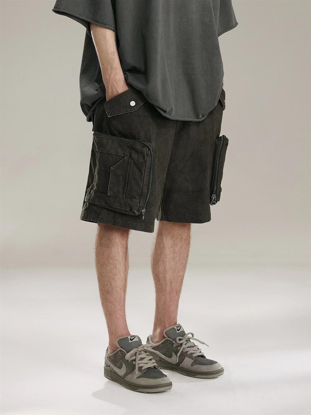 High-street style loose straight-leg heavy-duty tie-dye canvas washed denim shorts