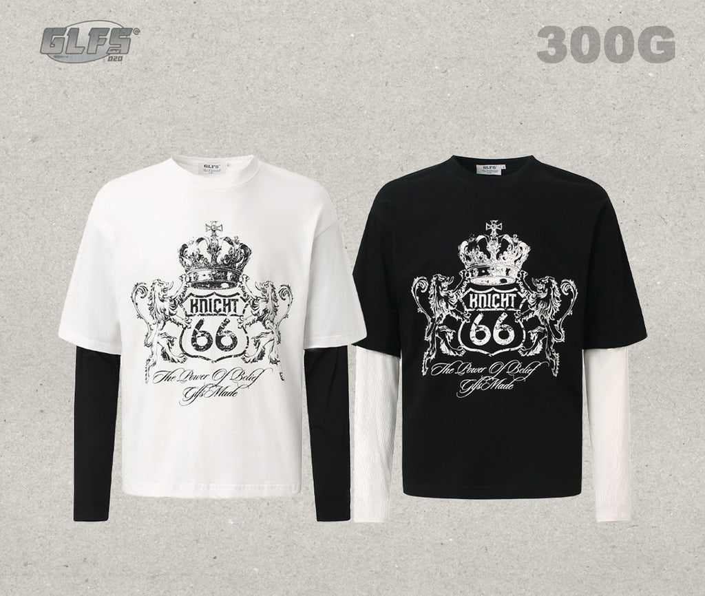 GLFS Subculture Crown Faux Two-Piece Couple Top Long Sleeve Trendy Streetwear Men's Sports Base Layer Autumn Sweatshirt 130