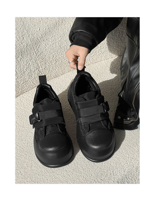 Buckle Black Thick Soled Fleece-Lined Casual Derby Shoes